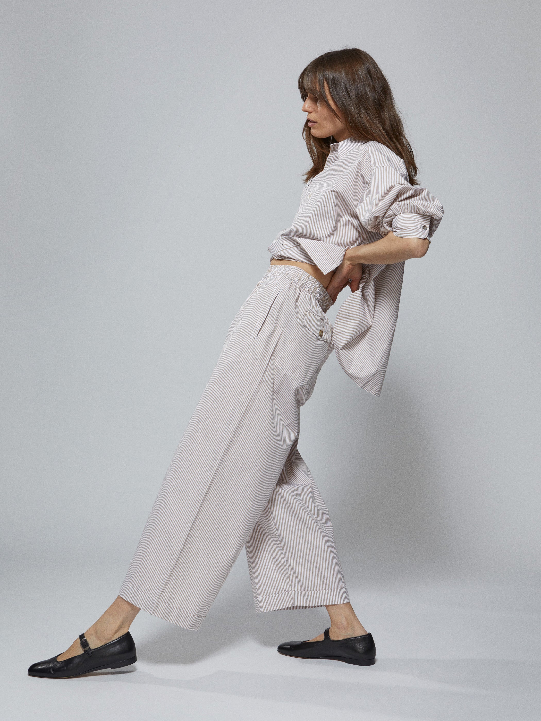 The Kappa Button Up Shirt in Cotton Poplin Flax Stripe L